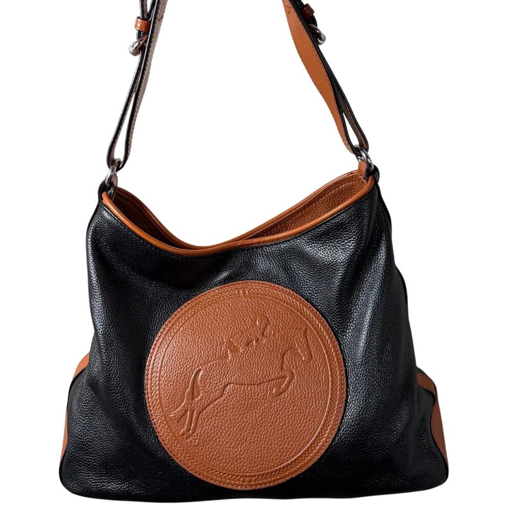 **Tucker Tweed Leather Hobo Bag Black Brown Equestrian Horse Medallion**